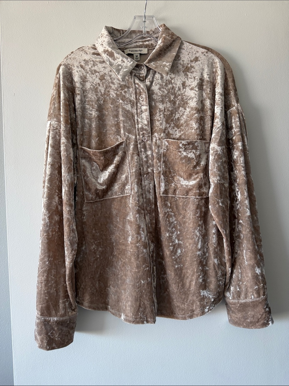 Francesca's Taupe Crushed Velvet Button Down Shirt Shacket Medium Top Pockets